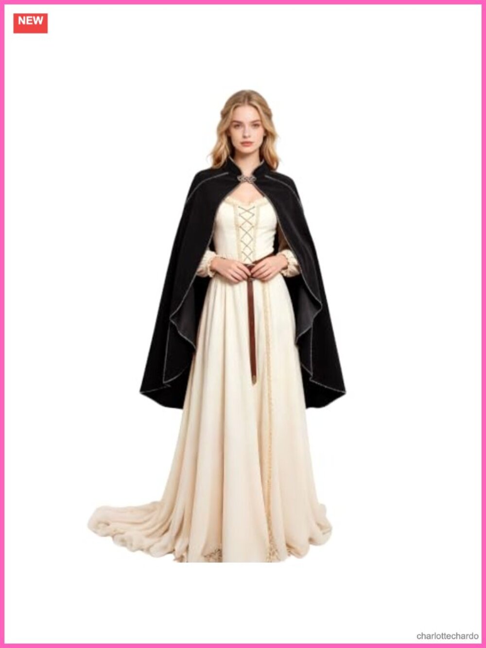 Women's Velvet Cape Gold Lace Trim Medieval Renaissance Halloween Costume
